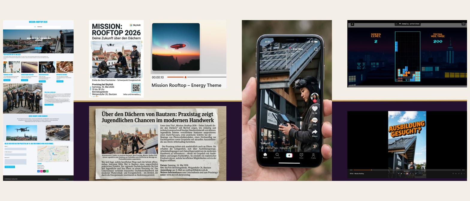 Kampagnen-Elemente der Studie SkyVolt: Website, Plakat, Film, Social Media und Spiel